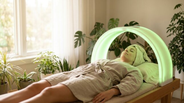Woman in Robe Relaxing on Sofa with LED Light Therapy Face Mask at Home Spa