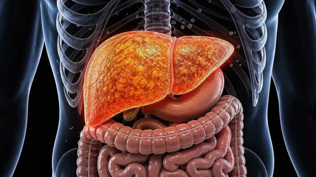 3D human anatomy with glowing liver and ECG heartbeat line illustrating hepatic health or medical diagnosis