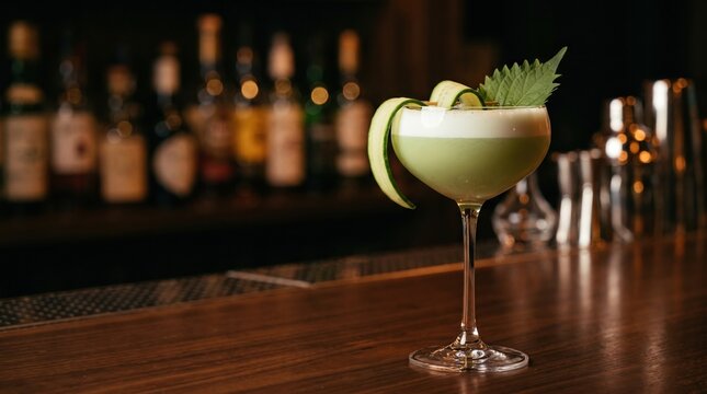Matcha mocktail in an elegant coupe glass on a dark wooden bar