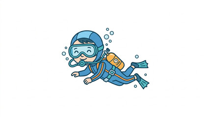 Cartoon diver swimming underwater with scuba gear. © riki