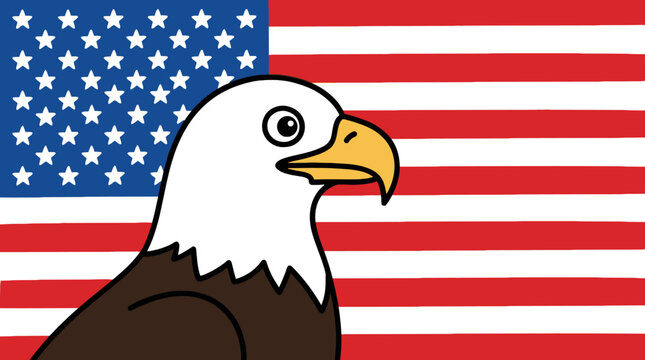 Patriotic bald eagle profile against United States flag background