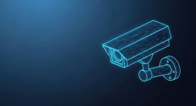 Glowing Blue Wireframe Security Camera System Monitoring Digital Network