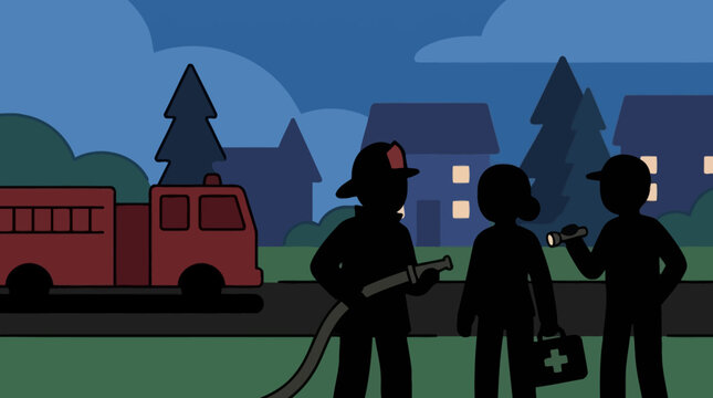 Emergency responders working at night in a residential area