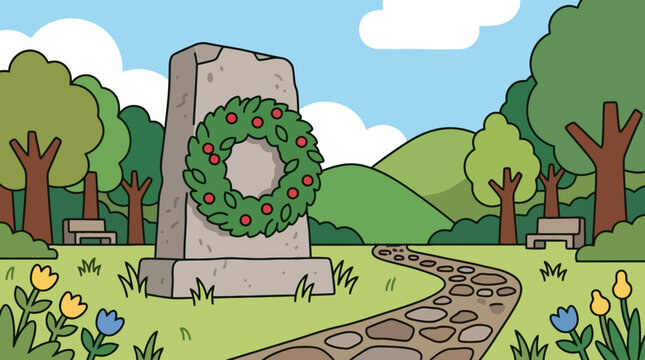 Stone memorial monument with a wreath in a scenic park landscape