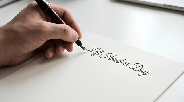 Hand writing Left Handers Day on paper.