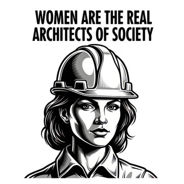 Woman wearing a helmet with a powerful quote about women in society isolated on transparent background