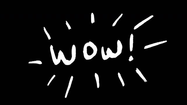 White hand drawn scribble wow text with burst lines on black background expressive animation motion loop Video 4K