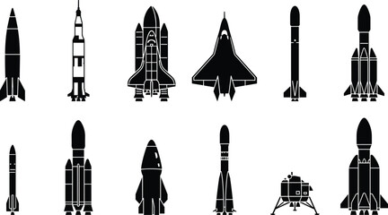 Black spacecraft rocket silhouette collection, space shuttle capsule icons, launch vehicle vector art, space exploration illustration set bundle © Artist RH