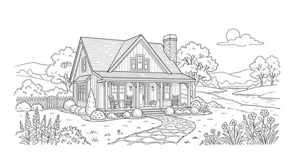 Fototapeta premium Charming Hand-Drawn Illustration of a Cozy Suburban House with a Welcoming Porch and Garden.