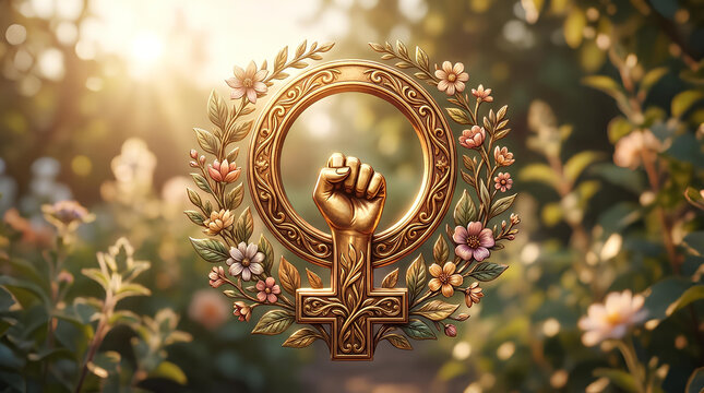 Golden feminism symbol with floral wreath.