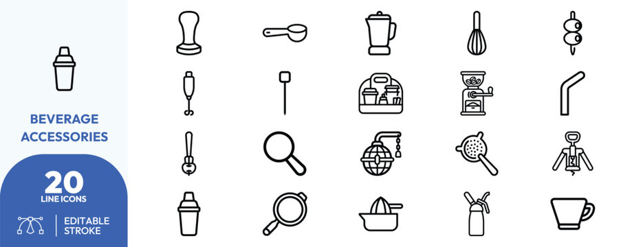Mixology Tools set. shaker, strainer, jigger, mixing glass, bar spoon, teapot, coffee cup, martini glass, pitcher, stirrer. Editable stroke. Vector illustration.