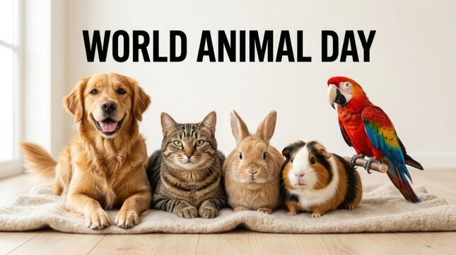 Group of cute domestic pets sitting together for World Animal Day banner