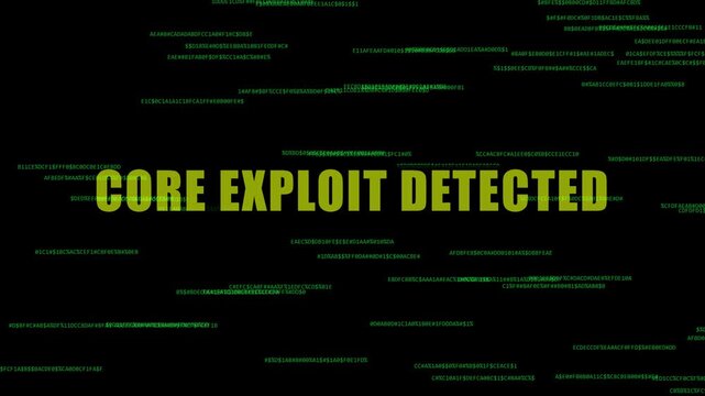 Core exploit detected digital warning message on dark 4k background, with floating green, binary code and, cyber security glitch animation