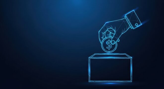 Hand placing dollar coin into donation box, symbolizing financial contribution and charitable giving