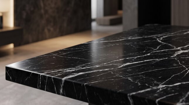 Ultra realistic Black Nero Marquina marble surface with elegant white veins, luxury copy space background for perfume, jewelry, cosmetics, branding, mockups, and premium product display.