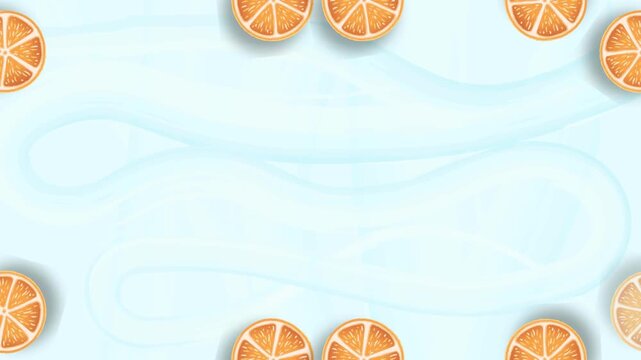 frame of oranges slice rotating on summer with blue water background, motion graphic with dynamic appearance and disappearance loop. Hand drawn oranges slice fruit and light blue background for summer