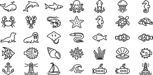 Collection of marine life and sea animal outline icons with wildlife, underwater © Mojira