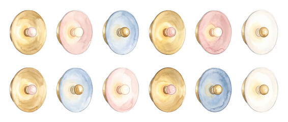 Fototapeta premium Watercolor wall sconces light fixtures set on black background. Modern pastel round lamps illustration with gold, pink, and blue wash textures. Elegant home decor design elements clip art set.