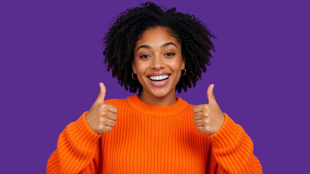Cheerful young Black woman showing double thumbs up. Happy African American female in orange sweater smiling on purple background. Success and approval concept