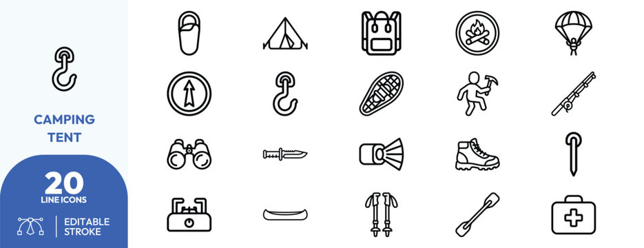 Camping set. Tent, backpack, hiking boots, compass, lantern, bag, fire pit, binoculars, knife, aid kit, parachute, water bottle, sandals, hiking poles. Editable stroke. Vector illustration.