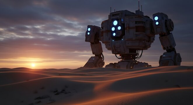 Sci-fi mech warrior on alien planet surface.