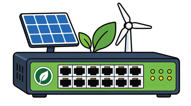 Modern network switch device icon with green panel and abstract logo, isolated on white.