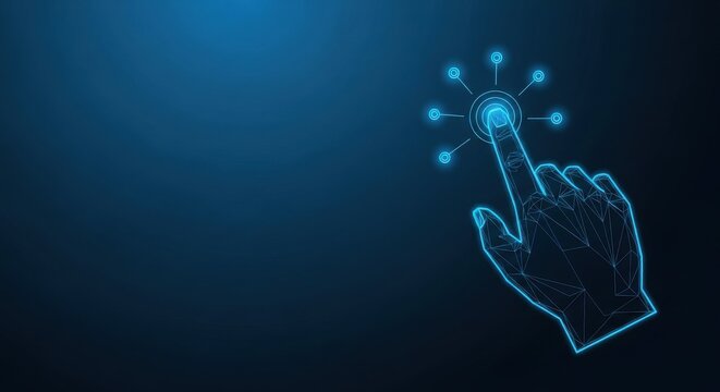 Futuristic digital hand interacts with glowing blue interface, symbolizing technology and connection