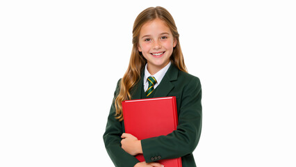 Obraz premium Smiling schoolgirl in green uniform holding a red folder. Portrait of a young female student ready for school on a white background. Education and learning concept