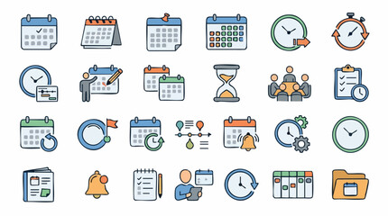 Fototapeta premium Time management and scheduling flat line icons set. Calendar, clock, and planning symbols.