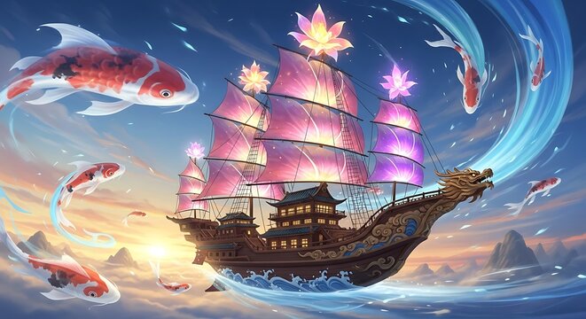 Majestic cruise ship sailing under starry cosmic sky.