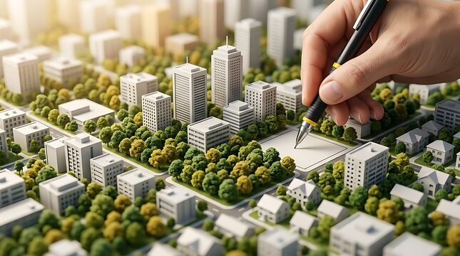 Architect hand with pen pointing at miniature city scale model with green trees for urban planning