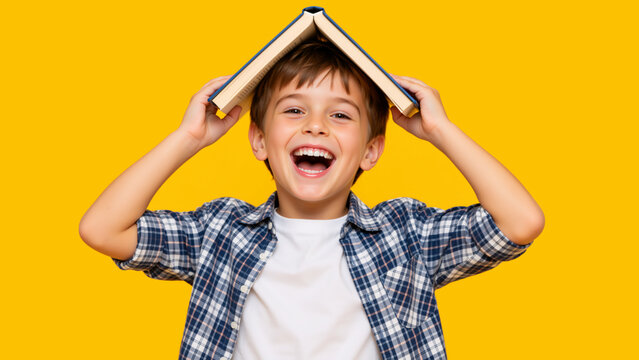 Laughing little boy holding an open book on his head like a roof. Happy child playing against a yellow background. Education and fun learning concept