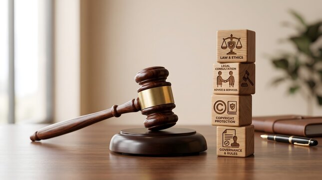 Wooden gavel and stacked blocks showing law and ethics governance.