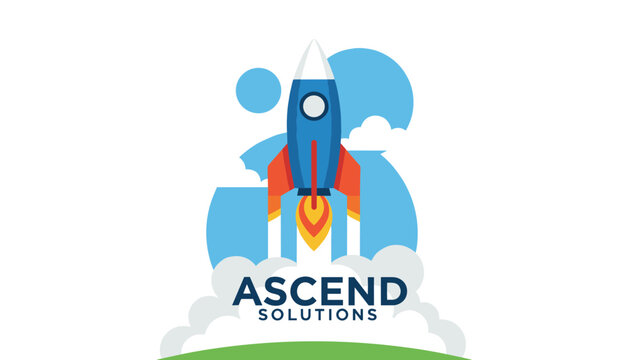Blue and orange rocket launching into the sky from fluffy white clouds with the text ascend solutions on green earth.