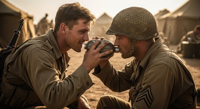Two World War II soldiers sharing a canteen in a military camp during golden hour, a moment of camaraderie and thirst