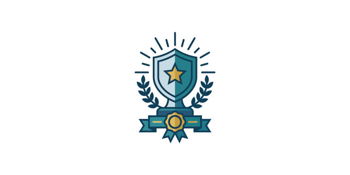 Shield emblem icon with star laurel wreath and ribbon.