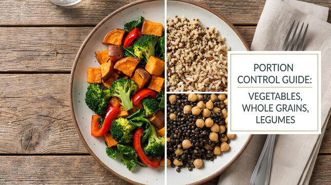 Healthy portion control plate with vegetables and grains.