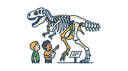 Children examining a dinosaur skeleton exhibit in a museum. © nendi