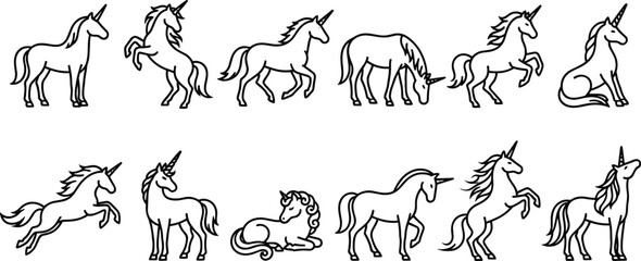 Black unicorn silhouette collection, fantasy horse poses, mythical creature vector art, graceful mane icons, magical animal illustration set bundle © Artist RH