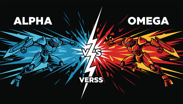 Epic battle scene showing a blue robot and red robot fighting with lightning effects and the text alpha vs omega.