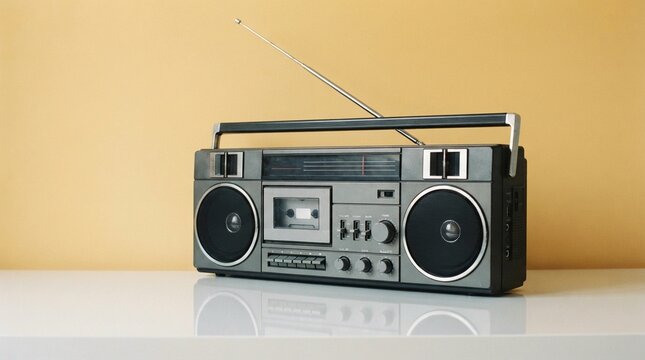 Vintage grey stereo boombox cassette player with a long silver antenna sitting on a clean white surface against a soft warm yellow studio wall background