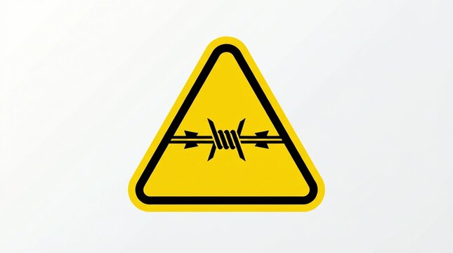 Bright yellow triangular warning sign featuring a sharp black barbed wire symbol placed in the center representing danger security restriction or a high voltage perimeter zone