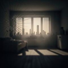 Obraz premium View of a city skyline through a broken window with light rays and sofa silhouette