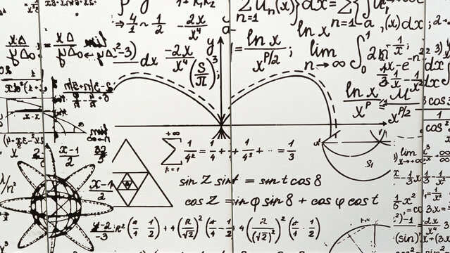 mathematical formulas, equations and geometric diagrams on chalkboard