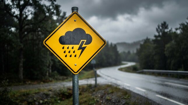 Bright yellow diamond shaped road sign featuring a bold black icon of a storm cloud with heavy rain and a lightning bolt on a metal post