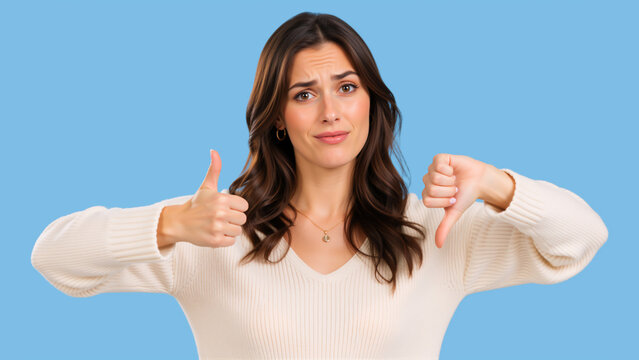 Confused young woman showing thumbs up and thumbs down gestures. Indecisive female making a choice against a blue background. Pros and cons evaluation concept