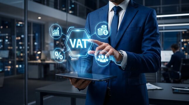 Businessman touching glowing VAT virtual interface on digital tablet.