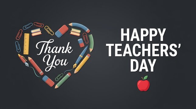 Happy teachers day greeting card design with school supplies arranged in a heart shape frame