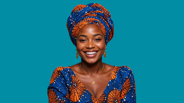 Smiling Black woman in traditional African headwrap and dress. Portrait of happy female model in blue and orange patterned attire on teal background
