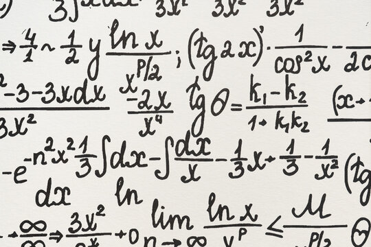 mathematical formulas, equations and geometric diagrams on chalkboard
